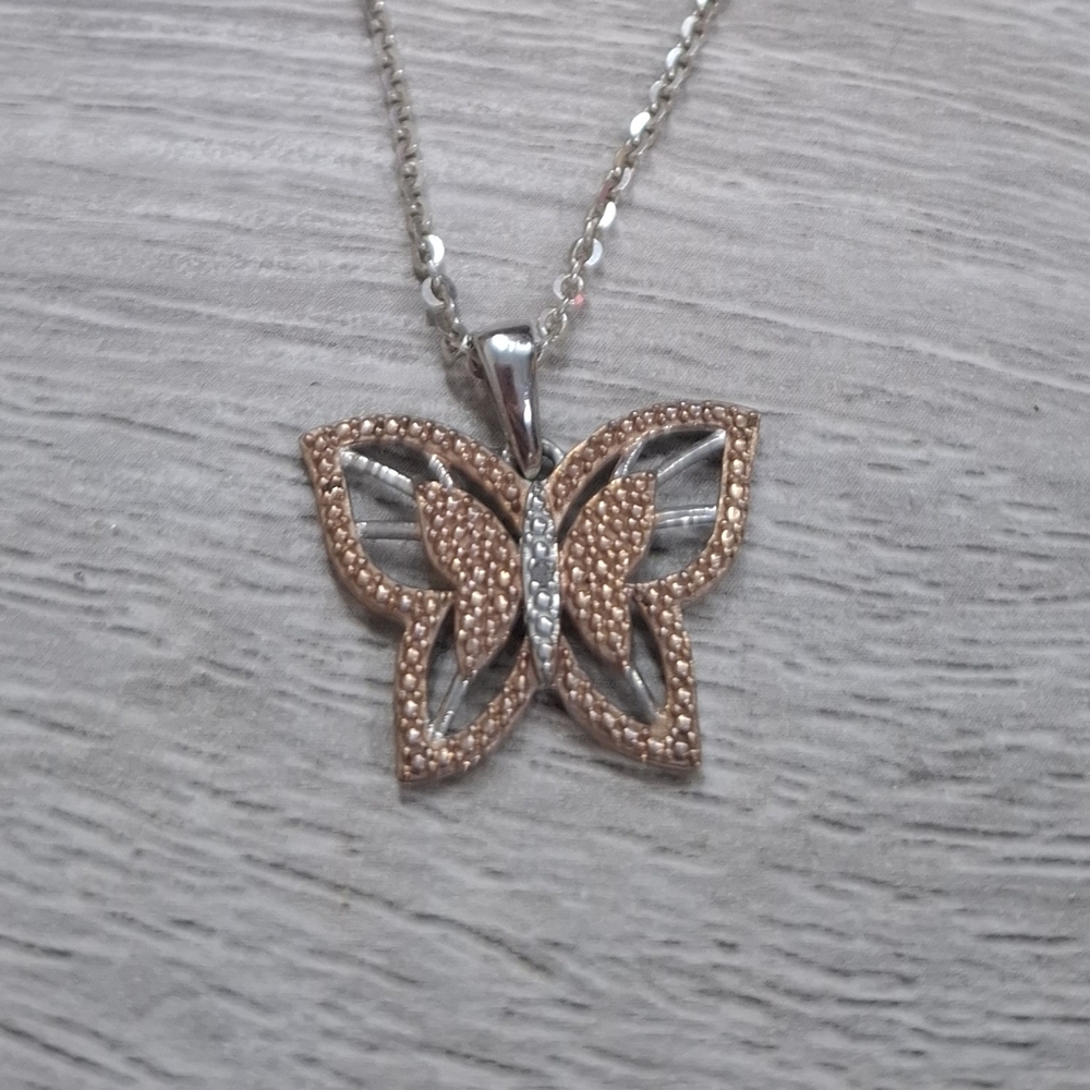 🦋Sterling Rose Gold and Silver Butterfly Necklace STS Karis 925 16" Chain
